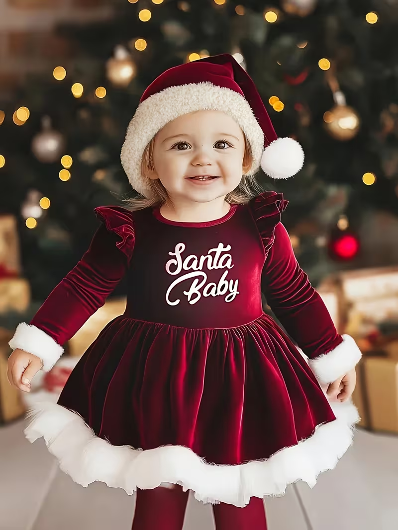 Fustan velvet festiv Santa Baby me kapuc velvet vishnje