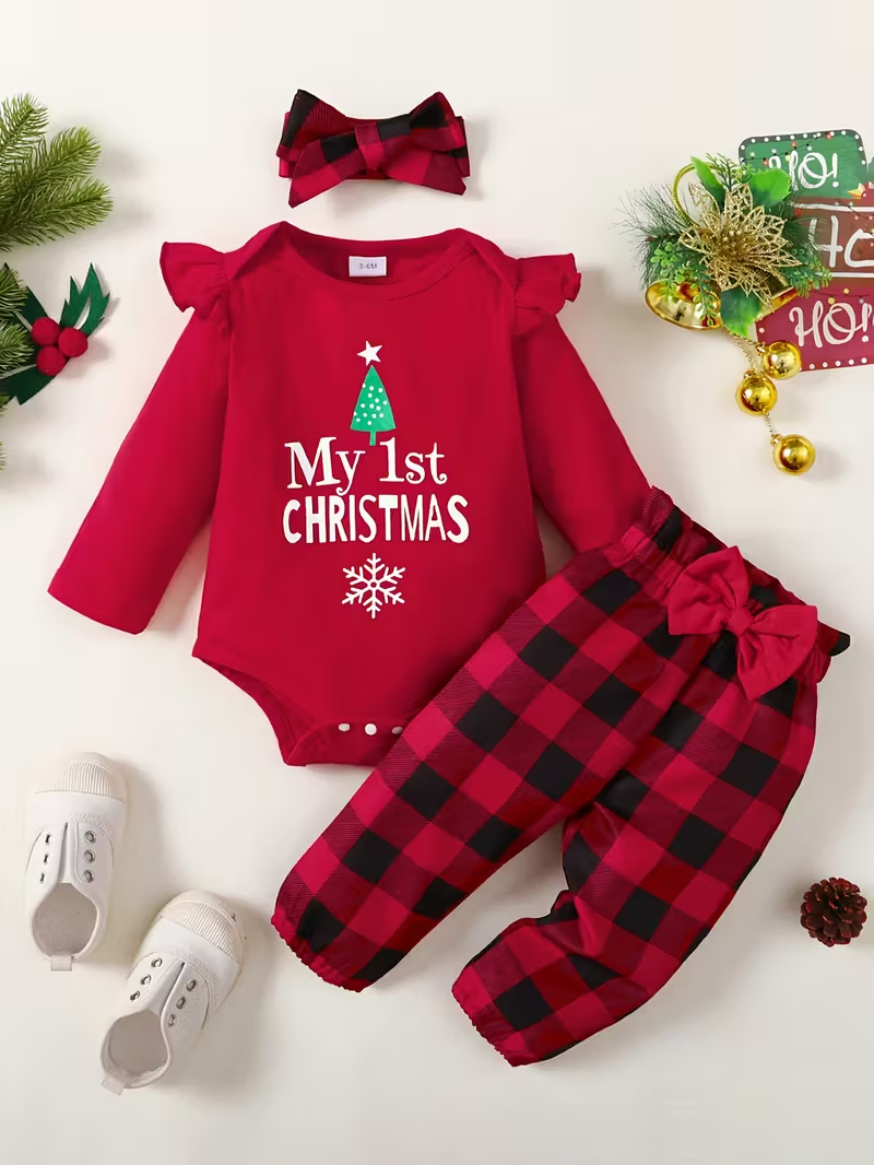 Set me 3 pjese festiv My First Christmas me body pantallone me fjongo dhe kordele kuqe 