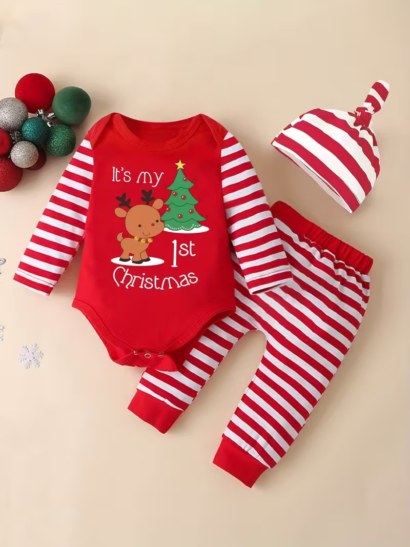 Set me tre pjese festive body tuta dhe kapuc My First Christmas