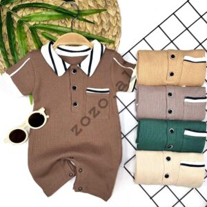 1022 romper me krahe te shkurter me jake me vija per djem ngjyre bezhe 3 6 9 12 - Edited veshje fustane kostume romper kanatjere aksesore lodra zozo al zozo_albania