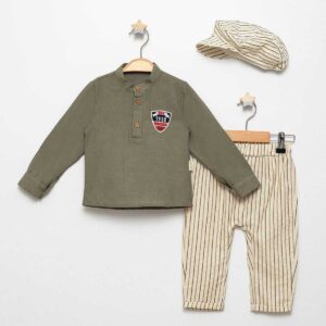 8002-1 Kostum lino me kemishe me papjon me menge te gjata pambuku 9 12 18 24 ngjyra Ushtarake per djem.jpg