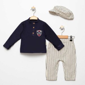 8002 Kostum lino me kemishe me papjon me menge te gjata me kapele pambuku 9 12 18 24 ngjyra Blu e erret per djem.jpg