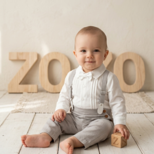 Kostum palicete me kemishe te bardhe me papion dhe pantallon gri